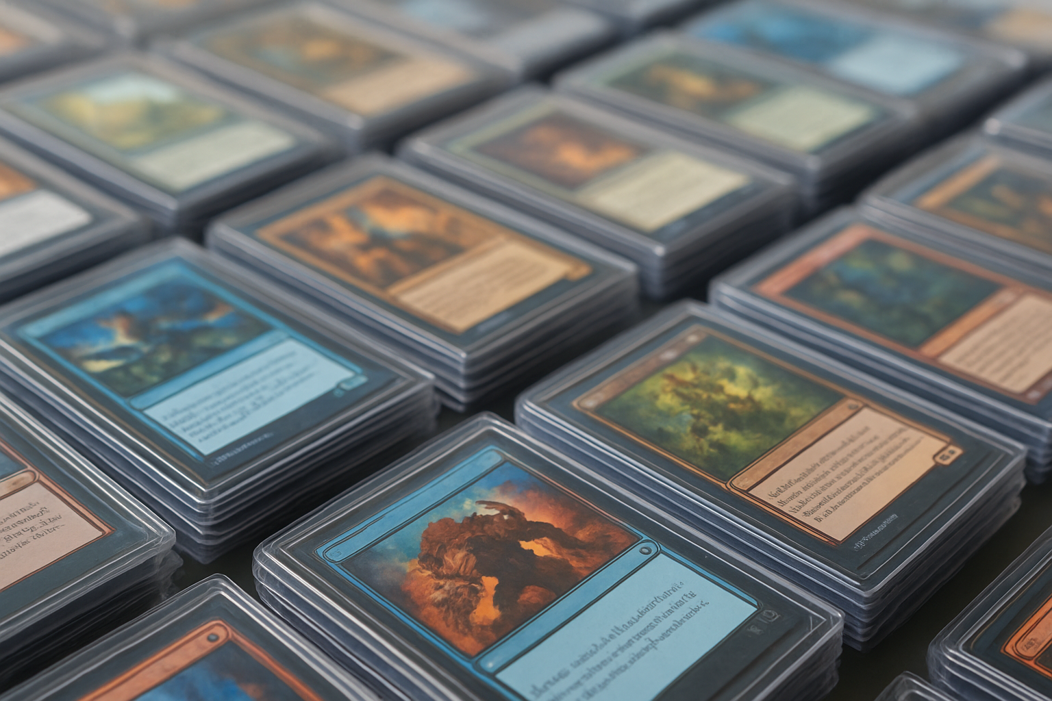 Close-up of various collectible trading cards arranged in protective sleeves
