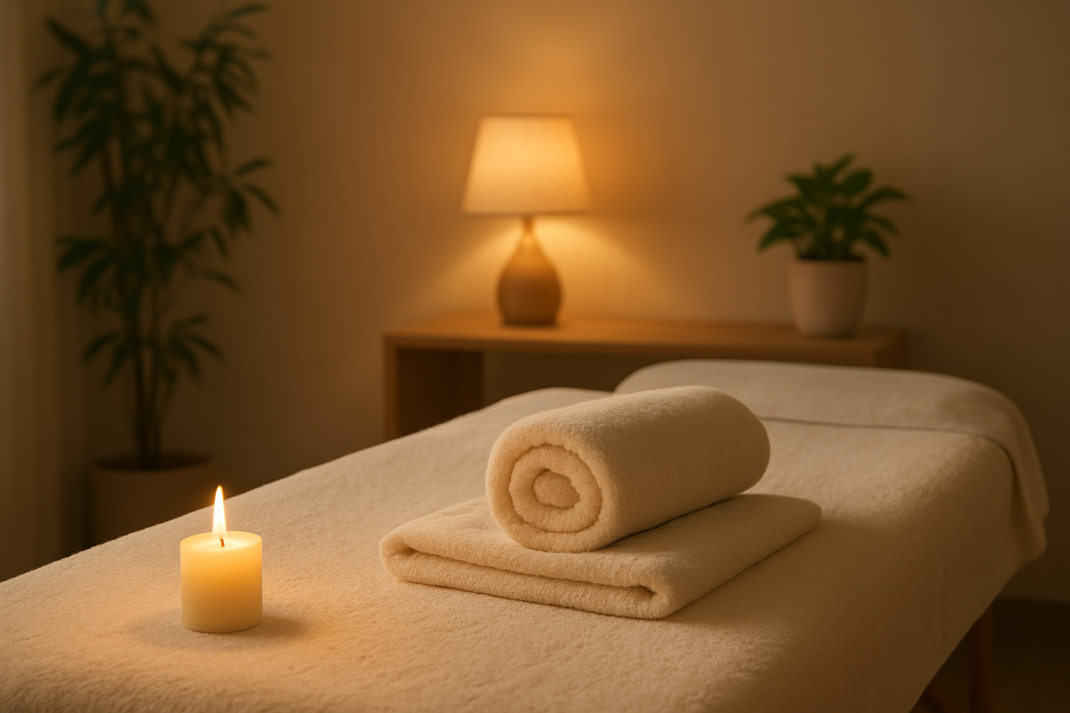 A cozy massage setup featuring a massage table with rolled towels and a lit candle, creating a serene atmosphere.